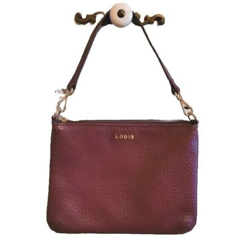 LODIS Burgundy Pebble Grain Leather Shoulder Bag Gold Hardware Minimalist Clutch